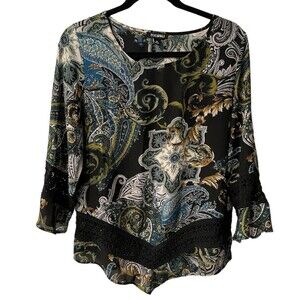 ROZ & ALI Blouse Womens M Angle Bell Sleeve Top Crochet Trim fairy Boho romantic